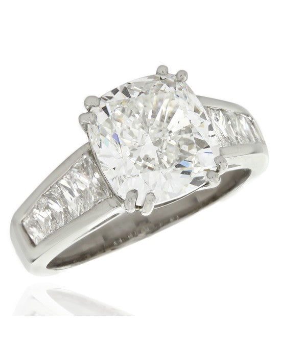 GIA Certified Cushion Cut Diamond & Tycoon Cut Baguette Engagement Ring in Platinum