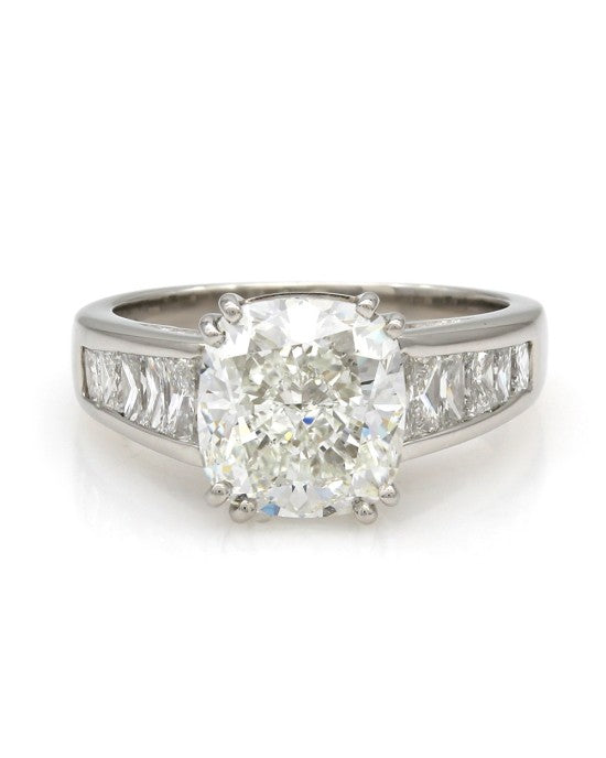 GIA Certified Cushion Cut Diamond & Tycoon Cut Baguette Engagement Ring in Platinum