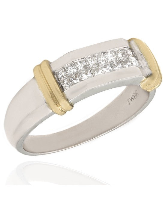 Invisible Set Princess Cut Diamond Ring with Gold Shoulders in Two-Tone 14k.