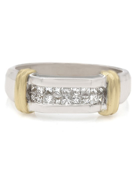 Invisible Set Princess Cut Diamond Ring with Gold Shoulders in Two-Tone 14k.