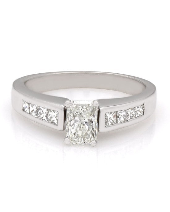 Princess Cut Diamond Channel Ring with Radiant Diamond Center in 14k White Gold