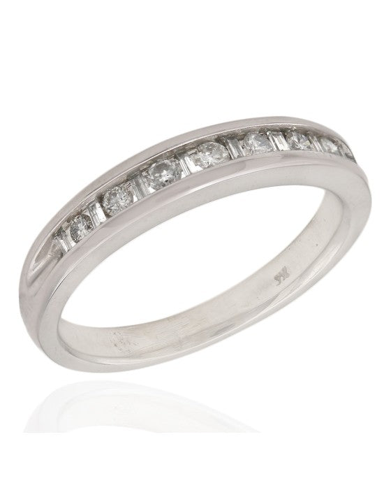 Channel Set, Alternating Round and Baguette Diamond Band in 14k White Gold