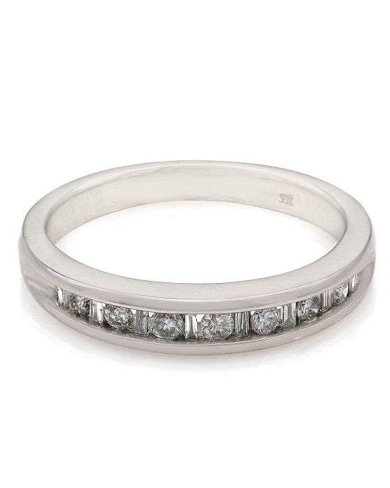 Channel Set, Alternating Round and Baguette Diamond Band in 14k White Gold