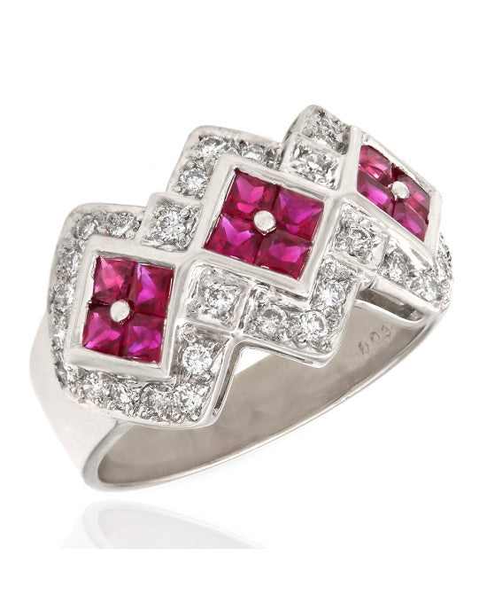 Round Diamond and Square Ruby Fashion Ring with Angular Design in 18k White Gold