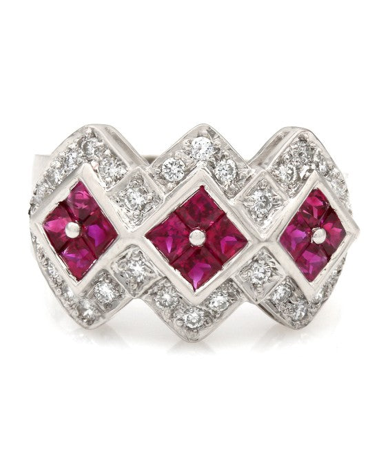 Round Diamond and Square Ruby Fashion Ring with Angular Design in 18k White Gold