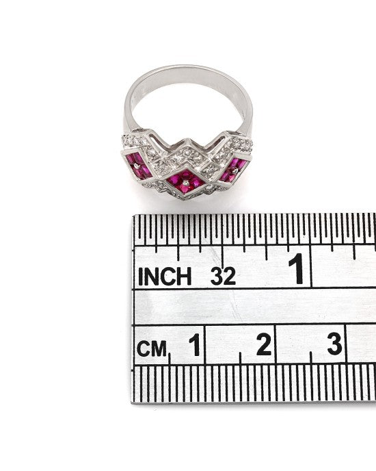 Round Diamond and Square Ruby Fashion Ring with Angular Design in 18k White Gold