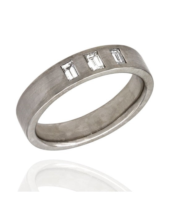 Flush Set Three Stone Baguette Diamond Band with Satin Finish in 14k White Gold