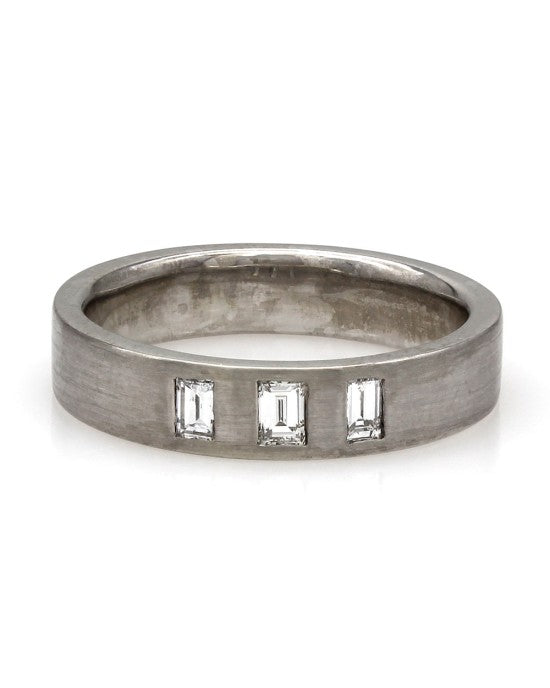 Flush Set Three Stone Baguette Diamond Band with Satin Finish in 14k White Gold