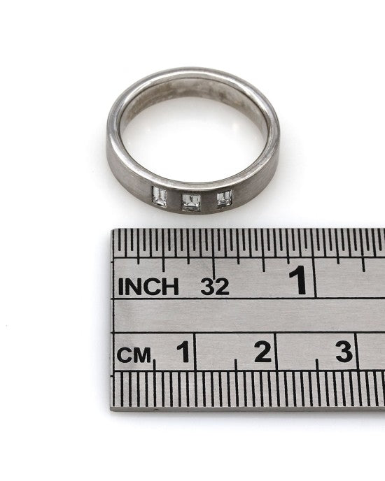Flush Set Three Stone Baguette Diamond Band with Satin Finish in 14k White Gold