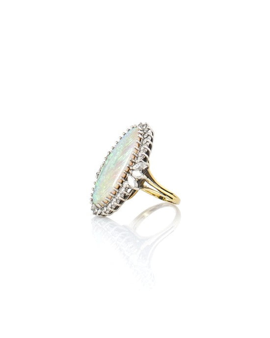 Oval Opal and Diamond Halo Ring in 2 Tone Gold