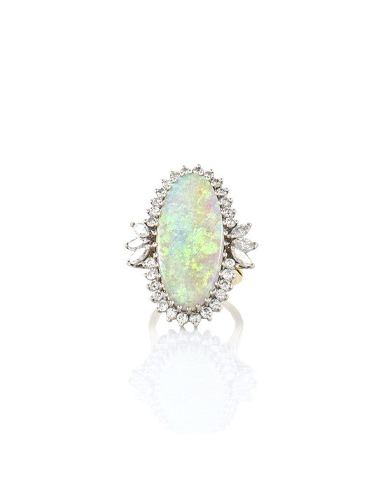 Oval Opal and Diamond Halo Ring in 2 Tone Gold