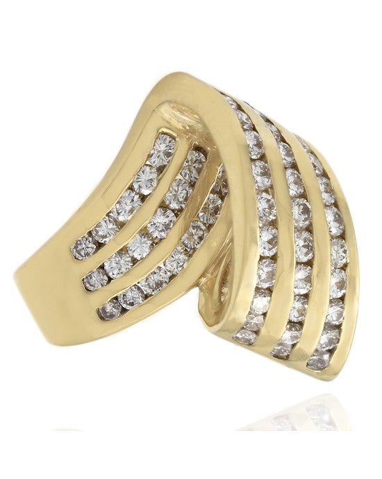 Three Row Diamond Bypass Crossover Ring in Yellow Gold