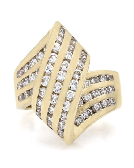 Three Row Diamond Bypass Crossover Ring in Yellow Gold