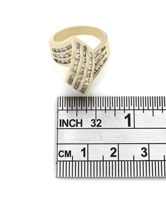 Three Row Diamond Bypass Crossover Ring in Yellow Gold