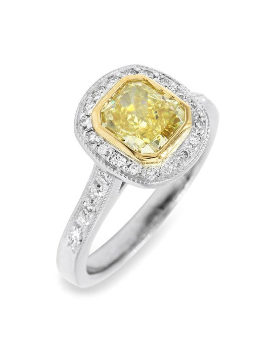 GIA Certified F.Yellow Radiant Cut Diamond Solitaire Ring in PLAT/22KY