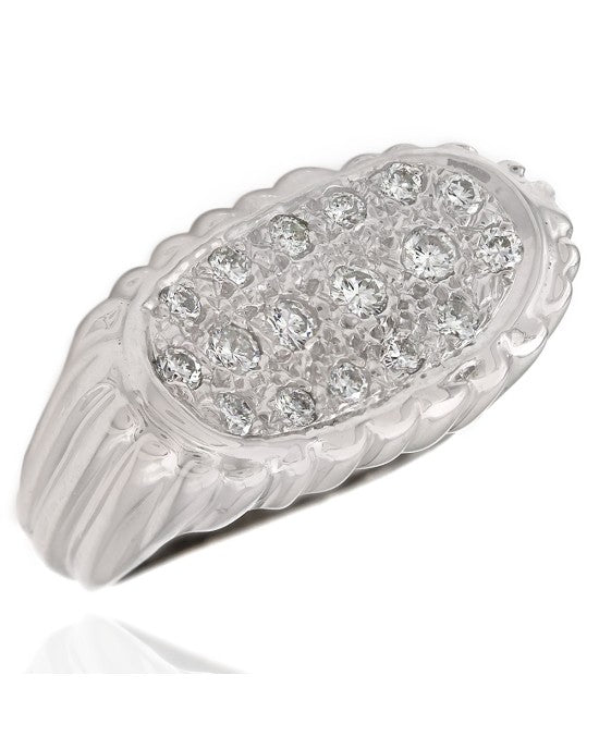 Horizontal Oval Pave Diamond Ring with Ribbed Design in 14k White Gold