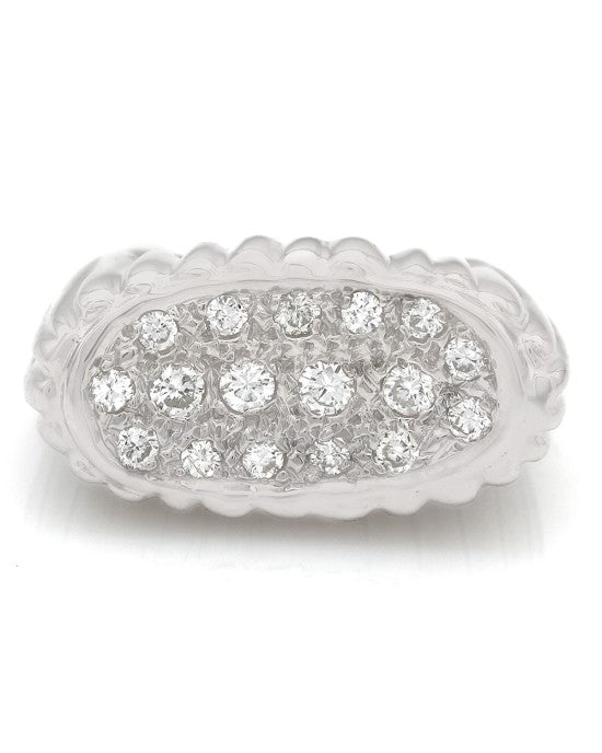 Horizontal Oval Pave Diamond Ring with Ribbed Design in 14k White Gold