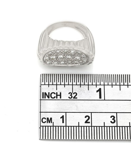 Horizontal Oval Pave Diamond Ring with Ribbed Design in 14k White Gold