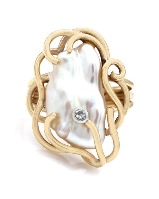 Baroque Pearl and Diamond Accent Ring in Yellow Gold
