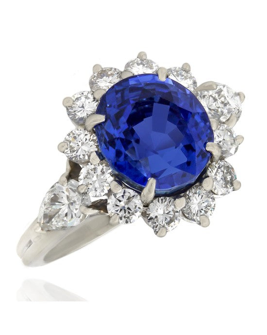 Oval Sapphire and Diamond Halo Ring in Platinum