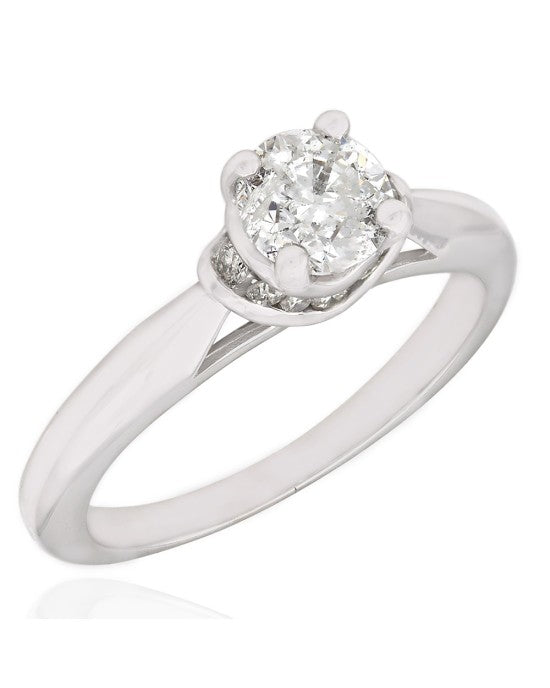 Round Brilliant Solitaire Ring with Round Diamond Accents in 14k White Gold