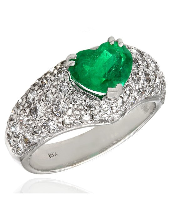 Heart Shape Emerald Ring with Pave Round Diamonds in 18k White Gold