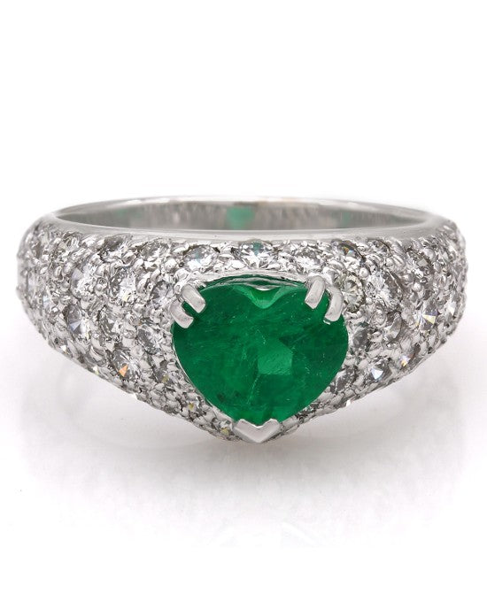 Heart Shape Emerald Ring with Pave Round Diamonds in 18k White Gold