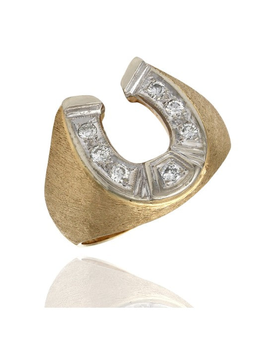 Diamond Horseshoe Fahion Ring with Stone Finish in 14k White and Yellow Gold