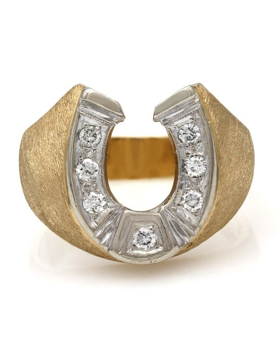 Diamond Horseshoe Fahion Ring with Stone Finish in 14k White and Yellow Gold