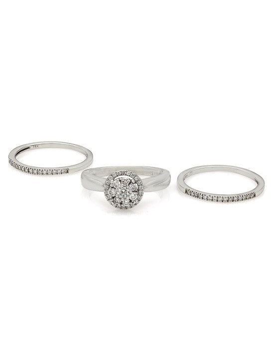 Three Piece Round Diamond Cluster Wedding Set in 14k White Gold