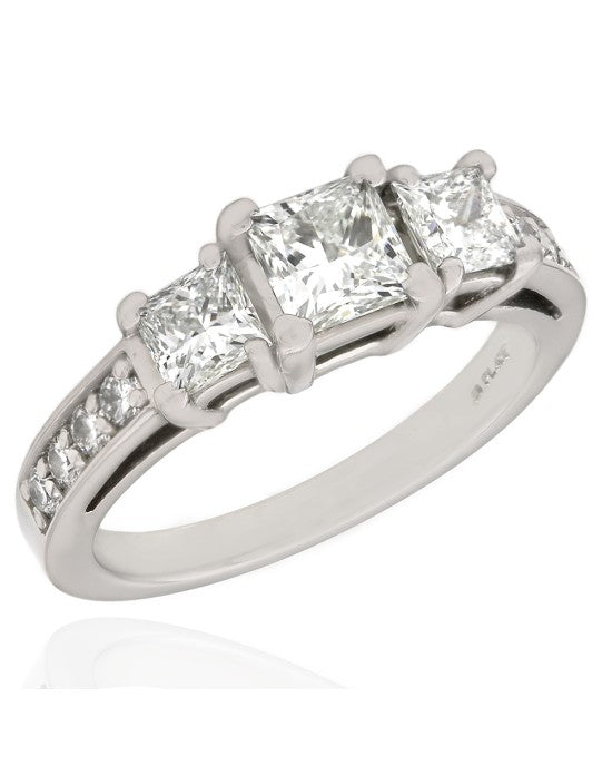 Princess and Round Diamond Three Stone Ring in Platinum