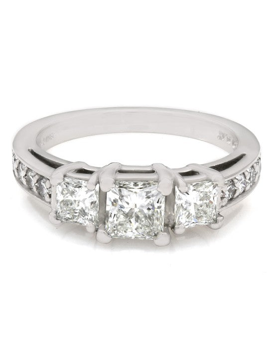 Princess and Round Diamond Three Stone Ring in Platinum