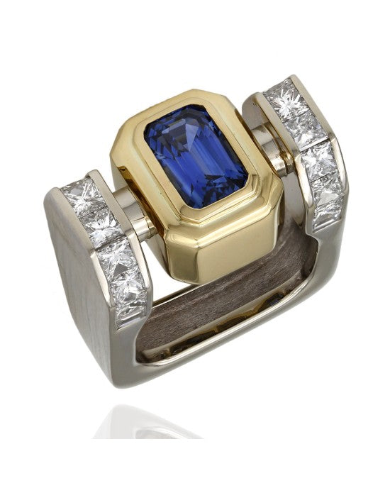 Emerald Cut Sapphire and Diamond Ring in Gold