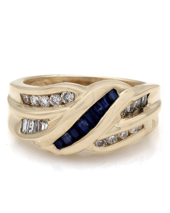 Diamond and Sapphire Crossover Ring in Gold