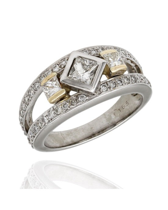 Princess and Round Diamond Split Shank Ring
