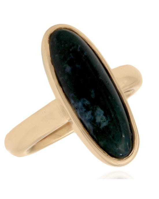 Elongated Moss Agate Ring in Gold