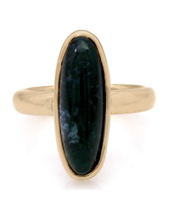 Elongated Moss Agate Ring in Gold
