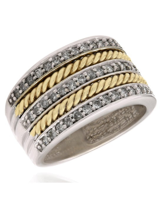 Three Row Diamond Ring with Rope Design in 14k White and Yellow Gold