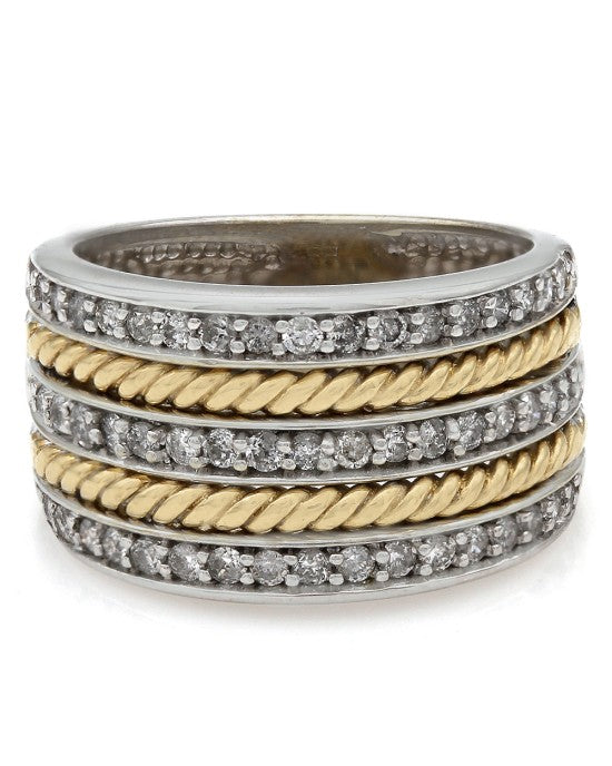 Three Row Diamond Ring with Rope Design in 14k White and Yellow Gold