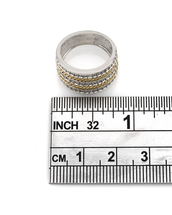 Three Row Diamond Ring with Rope Design in 14k White and Yellow Gold