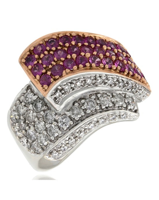 Pink Sapphire and Diamond Bypass Fashion RIng in White and Yellow Gold