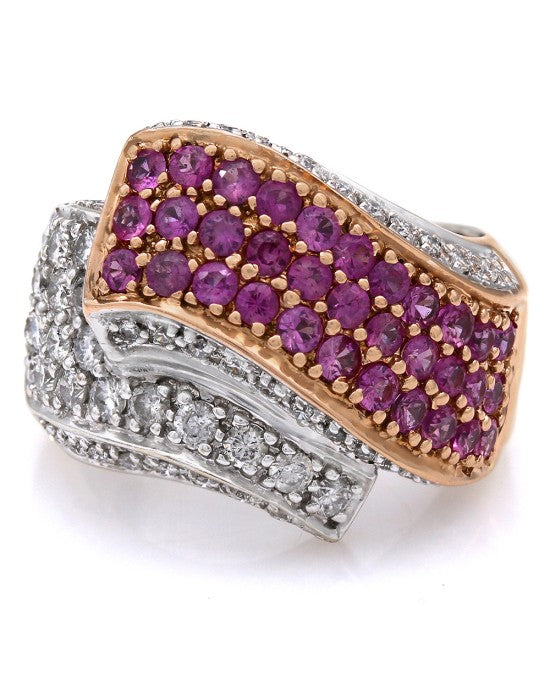 Pink Sapphire and Diamond Bypass Fashion RIng in White and Yellow Gold