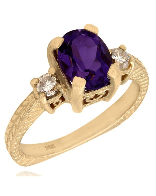 Three Stone Amethyst and Diamond Square Shank Ring