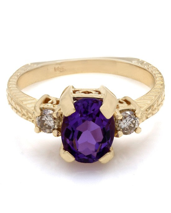 Three Stone Amethyst and Diamond Square Shank Ring