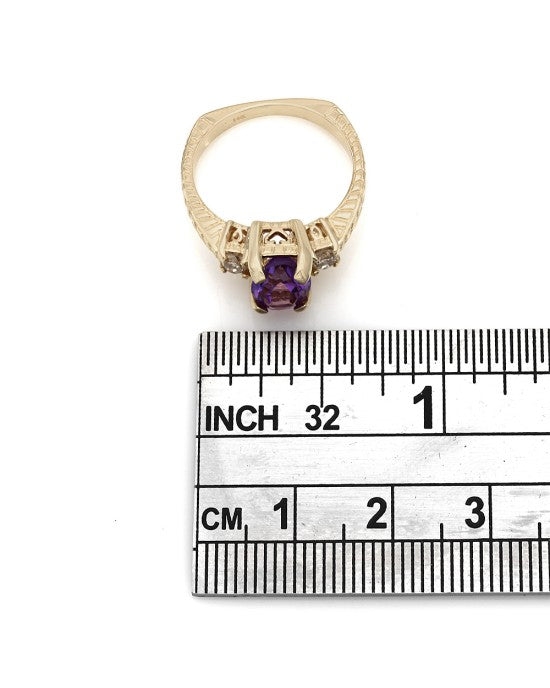 Three Stone Amethyst and Diamond Square Shank Ring