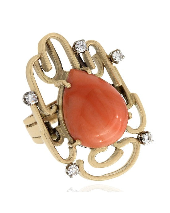 Jack Gutscheider Pear Coral Ring in Yellow Gold