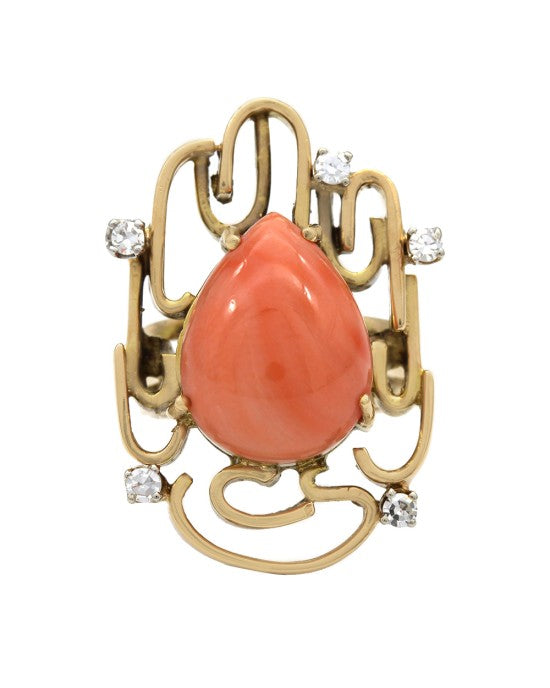 Jack Gutscheider Pear Coral Ring in Yellow Gold