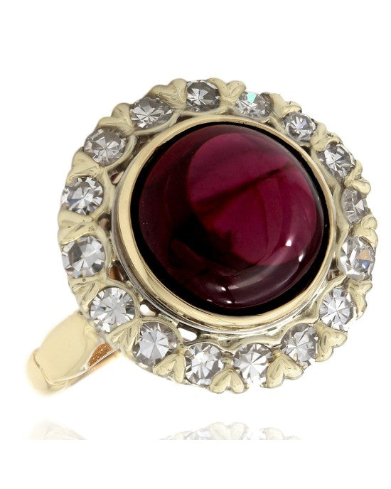 Rhodolite Garnet Cabachon Diamond Halo Ring