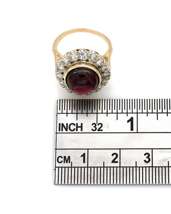 Rhodolite Garnet Cabachon Diamond Halo Ring