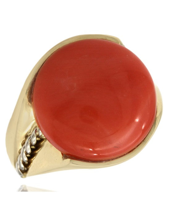 Coral Cabachon Ring with Rope Accent in Gold